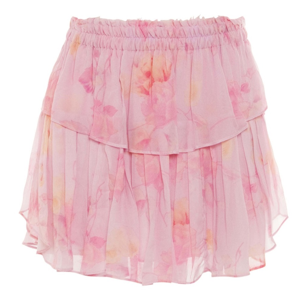 LoveShackFancy Pink Ruffled Mini Skirt in Summer Morning Pink Floral